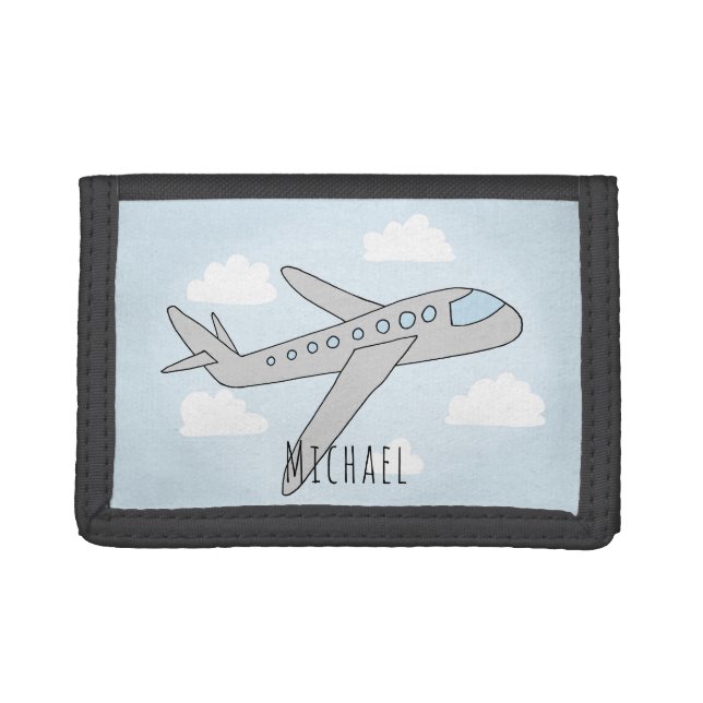 Boy's Blue Airplane Travel Design with Name Trifold Wallet (Front)