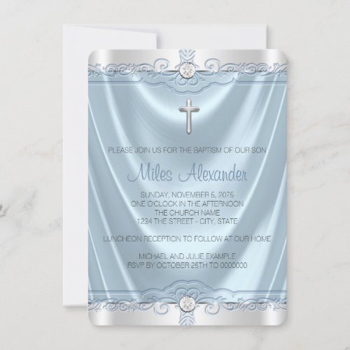 Boys Blue and Silver Baptism Christening Invitation