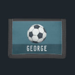Boys Blue and Sporty Football Soccer Ball Kids Trifold Wallet<br><div class="desc">This cool and modern kid's wallet design features a soccer ball (UK football) illustration and can be personalized with your boy's name in a sporty typography. Perfect for a sports lover's wallet!</div>