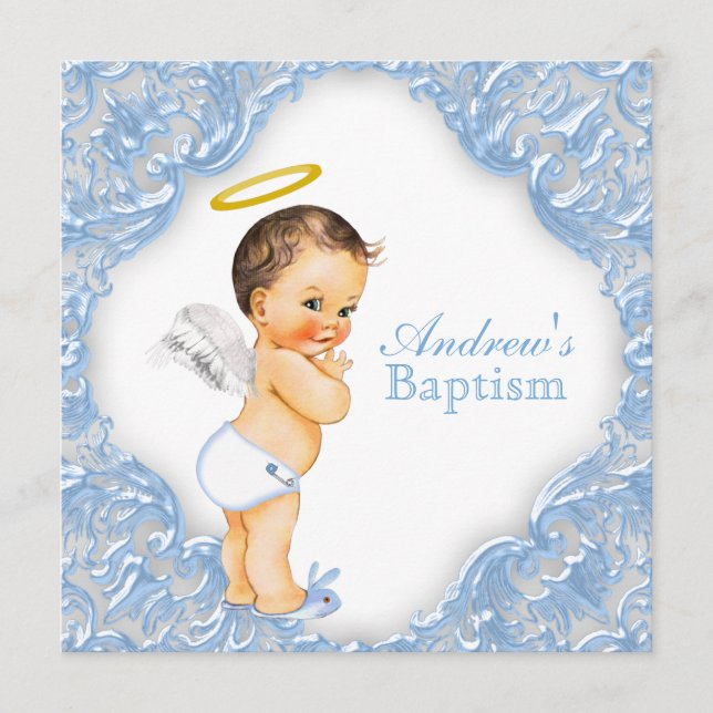 Boys Blue Angel Baptism Invitation (Front)