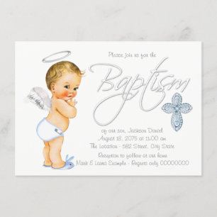 Boys Blue Angel Baptism Invitation