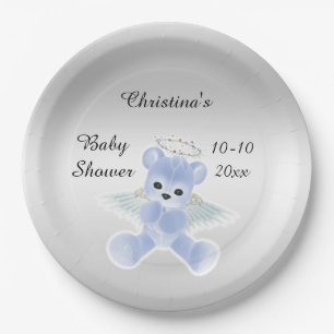 Boy's Blue Angel Teddy Bear Baby Shower Paper Plates