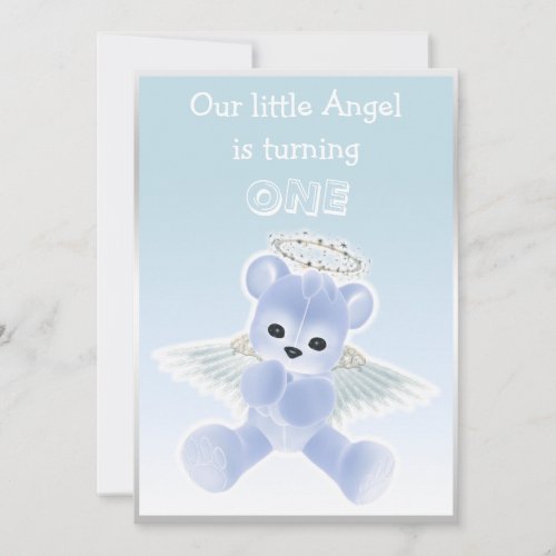 Boys Blue Angel Teddy Bear First Birthday Party Invitation