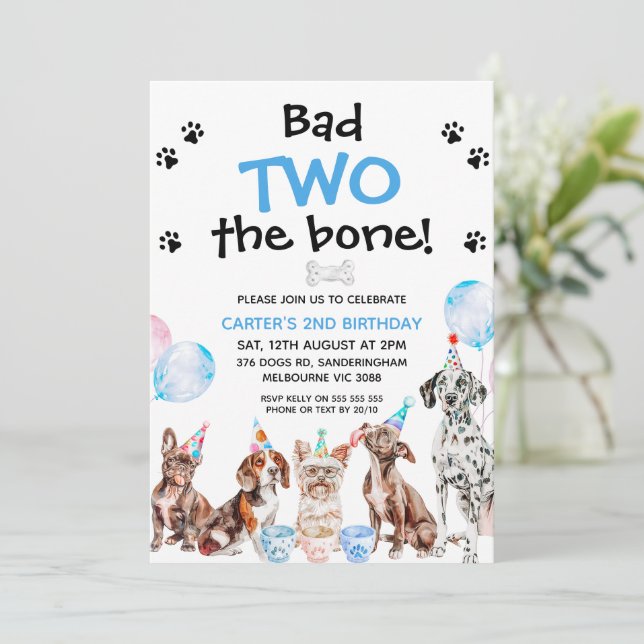 Boys Blue Bad Two The Bone Dogs 2nd Birthday  Invitation (Standing Front)