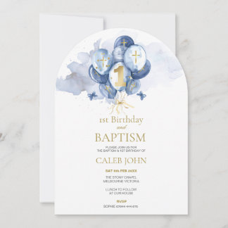 Boys Blue Baptism & 1st Birthday Arched Invitation