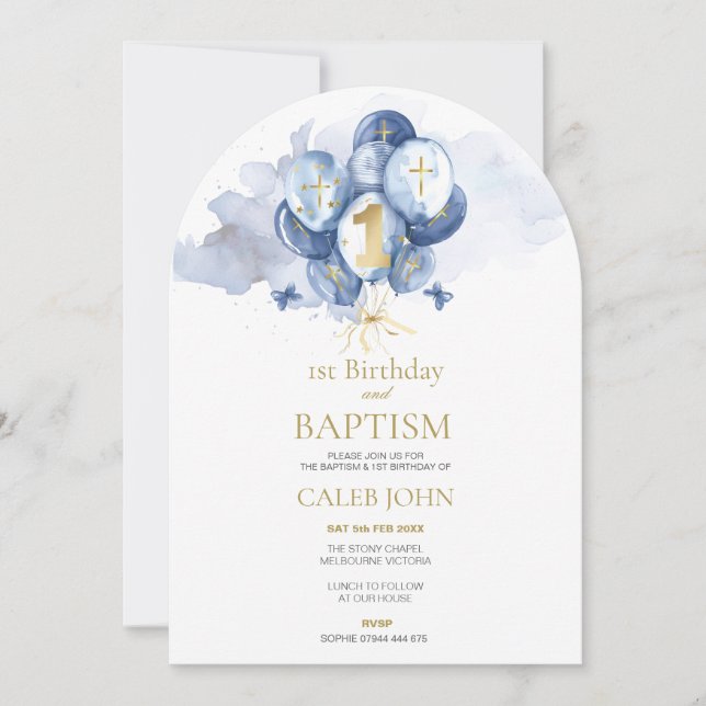 Boys Blue Baptism & 1st Birthday Arched Invitation (Front)