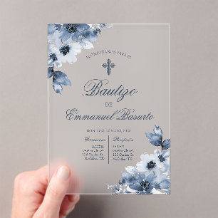 Boys blue baptism with cross  acrylic invitations