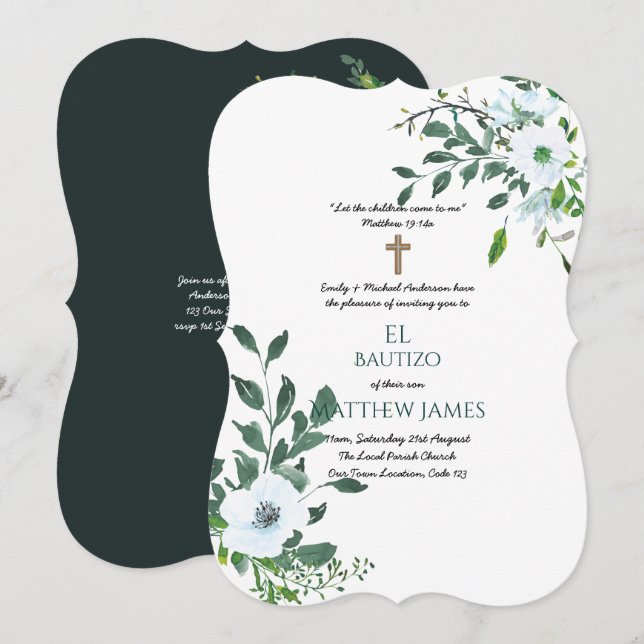 BOYS Blue BAUTIZO Bautismo Baptism Botanical Invitation (Front/Back)