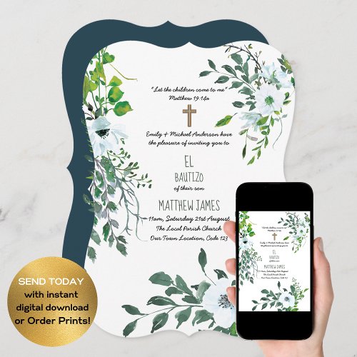 BOYS Blue BAUTIZO Bautismo Baptism Botanical Invitation