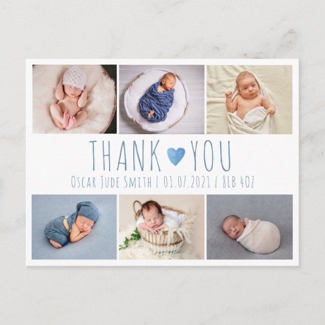 Boys blue birth announcement card photo (Front)