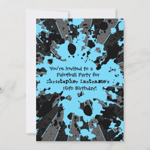 Boys funky blue paint splatter paintball birthday personalized announcement