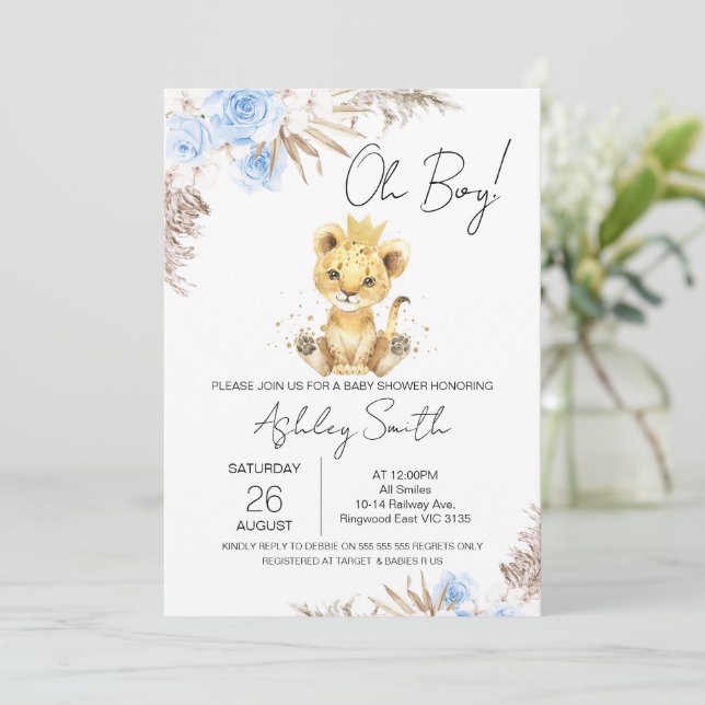 Boys Blue Boho Floral Lion Baby Shower Invitation (Standing Front)