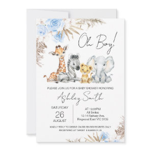 Boys Blue Boho Floral Safari Baby Shower Invitation