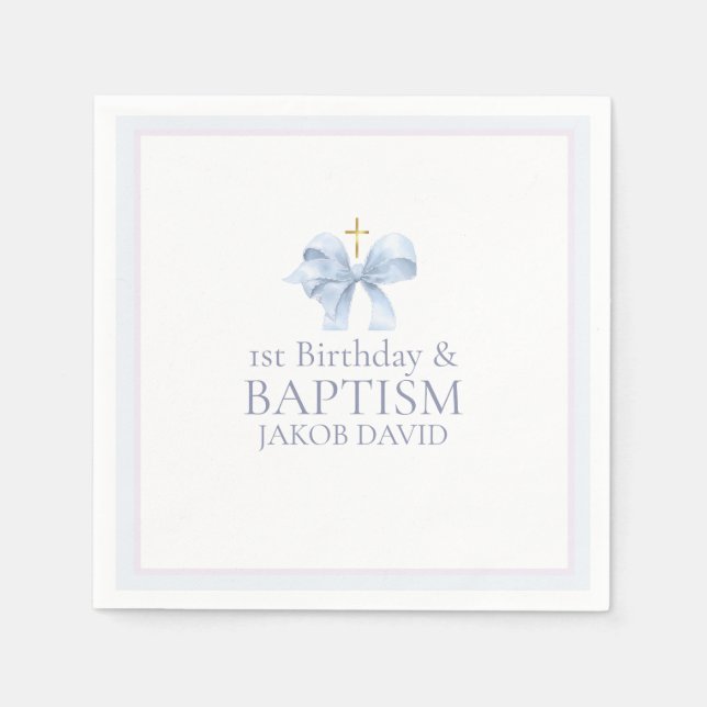 Boys Blue Bow 1st Birthday and Baptism  Napkins (Front)