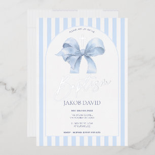 Boys Blue Bow and Stripe Baptism Invitation Foil Invitation
