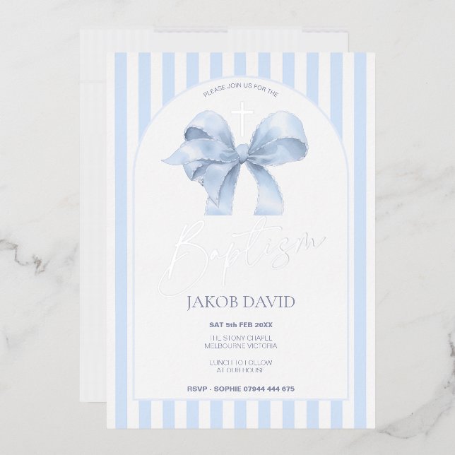 Boys Blue Bow and Stripe Baptism Invitation Foil Invitation (Envelope)