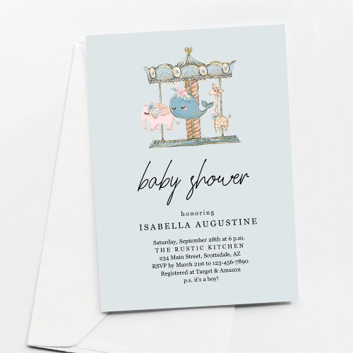 Boys Blue Carousel Baby Shower Invitation