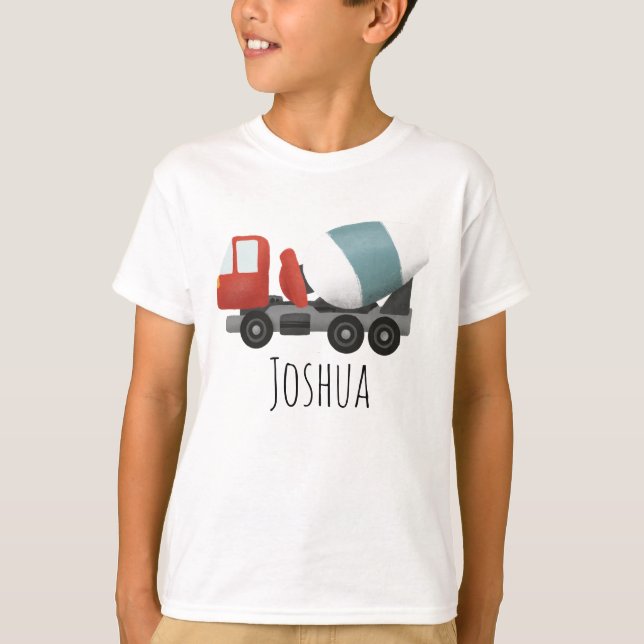 Boys Blue Construction Cement Mixer and Name T-Shirt (Front)