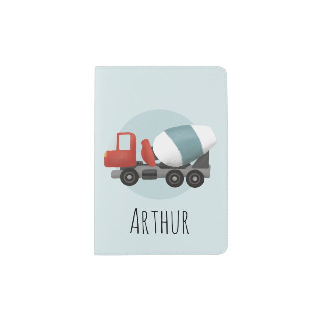 Boys Blue Construction Cement Mixer Kids Passport Holder (Front)