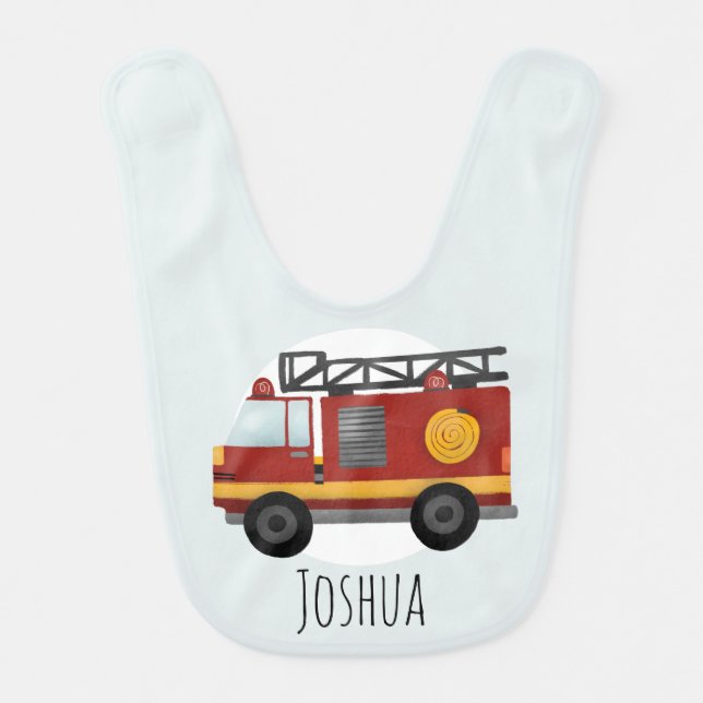 Boys Blue Cute Firefighter Fire Engine Truck Baby Bib (Front)