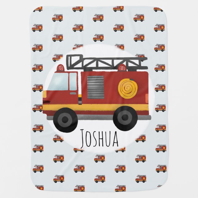 Boys Blue Cute Firefighter Fire Engine Truck Baby Blanket (Front)