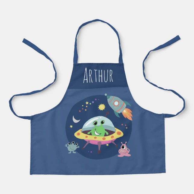 Boys Blue Cute Space Alien and Name Apron (Front)