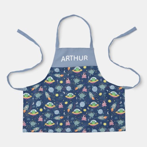 Boys Blue Cute Space Alien Pattern and Name Apron