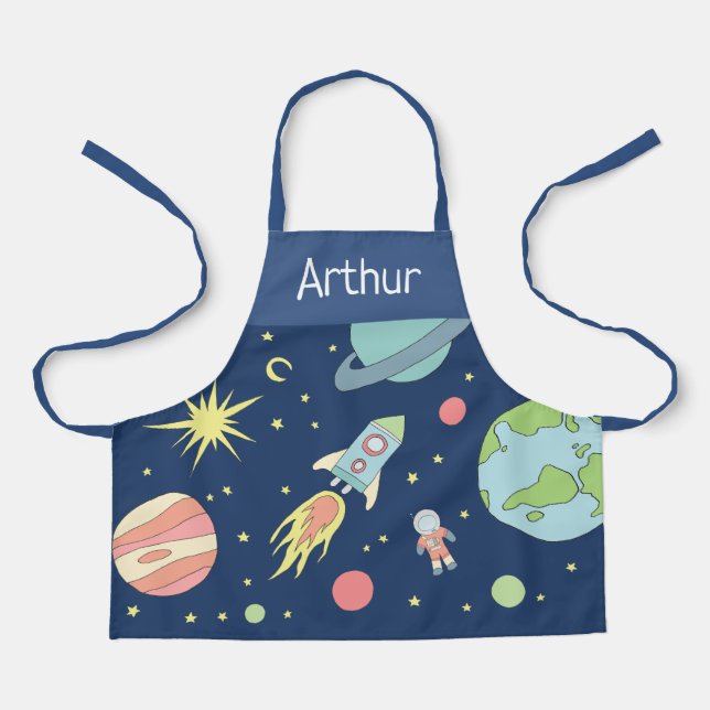 Boys Blue Cute Space Rocket Ship and Name Apron (Front)