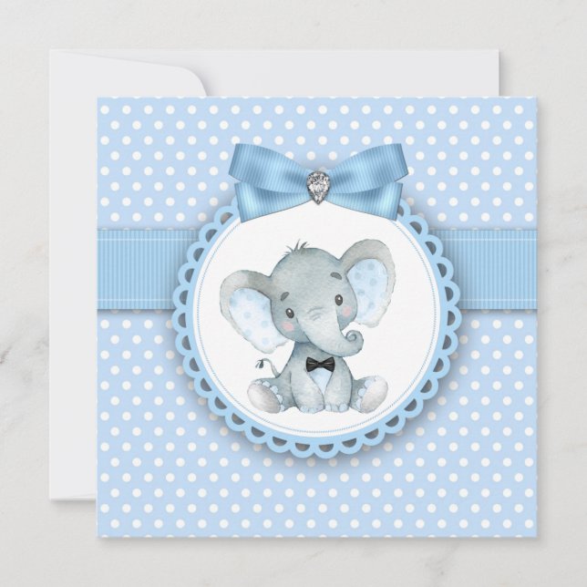 Boys Blue Elephant Baby Shower Invitations (Front)