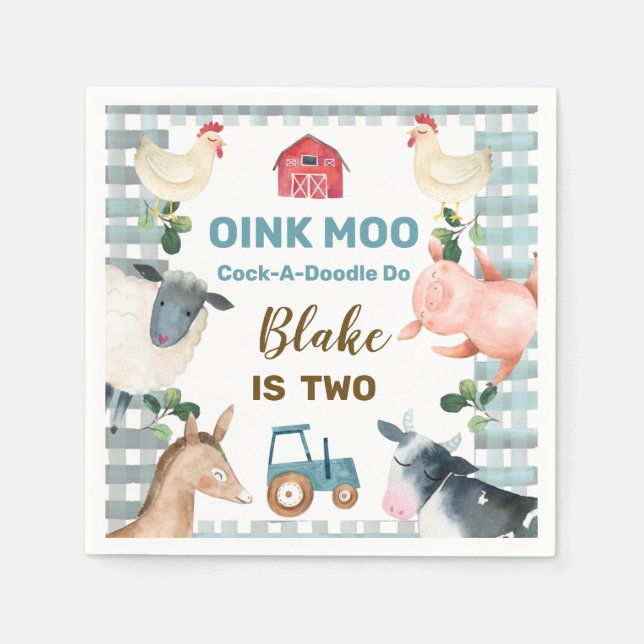 Boys Blue Farm Animals Tractor Birthday Napkin (Front)