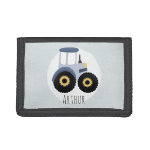 Boy's Blue Farm Tractor with Name Kids Tri-fold Wallet