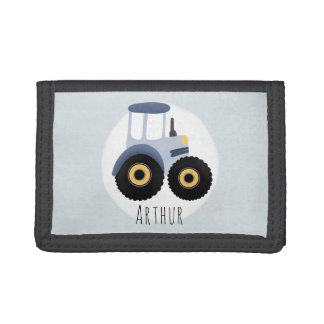 Boy's Blue Farm Tractor with Name Kids Trifold Wallet