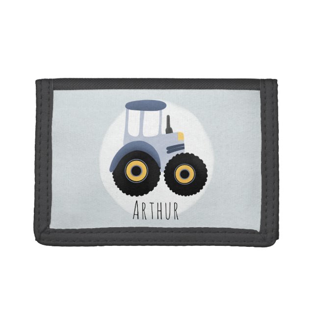Boy's Blue Farm Tractor with Name Kids Trifold Wallet (Front)