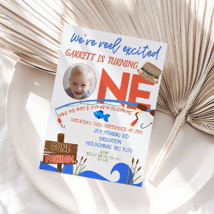 Boys Blue Fishing We're Reel Excited 1st Birthday Invitation
