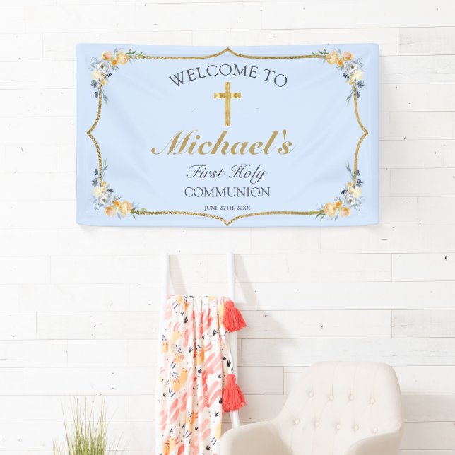 Boys Blue Floral 1st Holy Communion Welcome  Banner (Insitu)