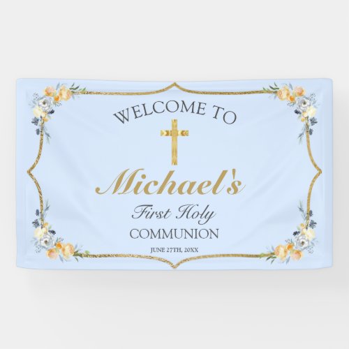 Boys Blue Floral 1st Holy Communion Welcome  Banner
