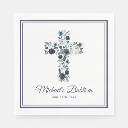 Boy's Blue Floral Cross Babtism Communion Napkins - Elegant holy communion paper napkins featuring a simple white background that can be changed to any color, a blue watercolor floral religious cross, a twin border, and a modern template that is easy to personalize.