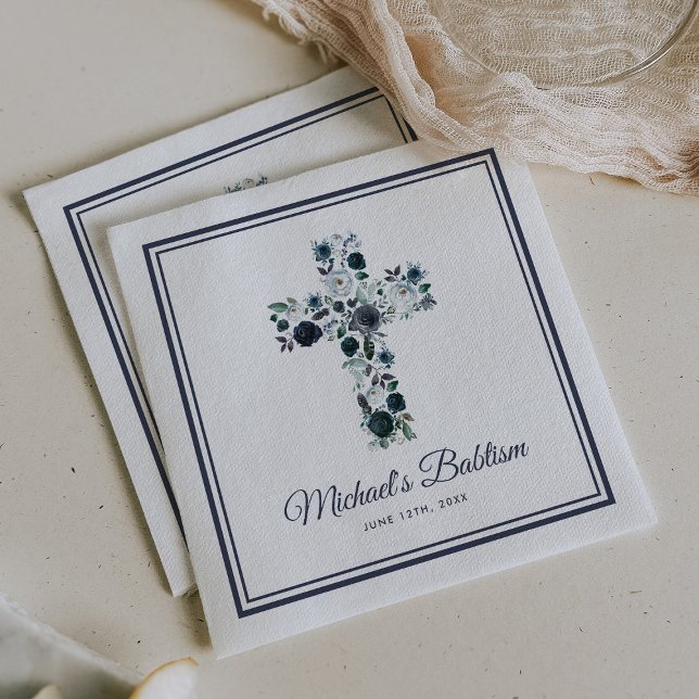 Boy's Blue Floral Cross Babtism Communion Napkins (Creator Uploaded)