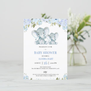 Boys blue Floral Elephand and Calf Baby Shower Invitation