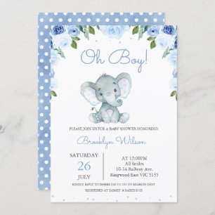 Boy's Blue Floral Elephant Baby Shower Invitation