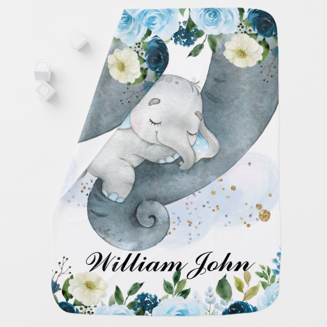 Boys Blue Floral Elephant Name Baby Blanket (In Situ)