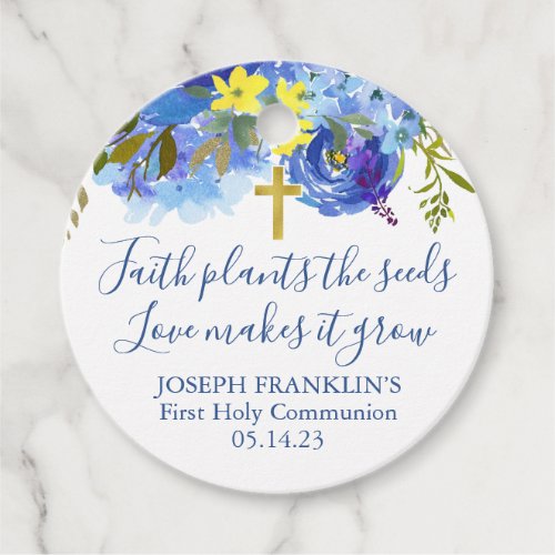 Boys Blue Floral Faith Plants the seeds Communion Favor Tags