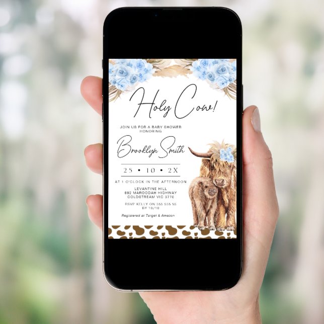 Boys Blue Floral Highland Cow Baby Shower  Invitation (Front Digital)