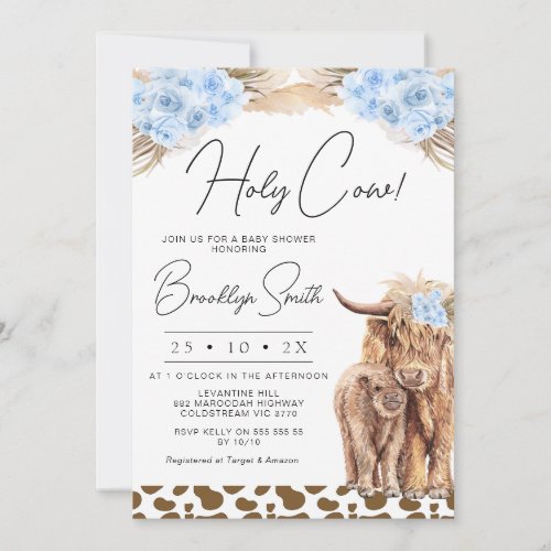 Boys Blue Floral Highland Cow Baby Shower  Invitation