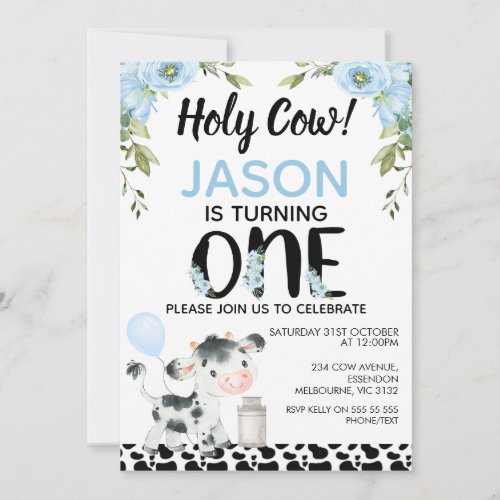 Boys Blue Floral Holy Cow Cow Print 1st Birthday Invitation