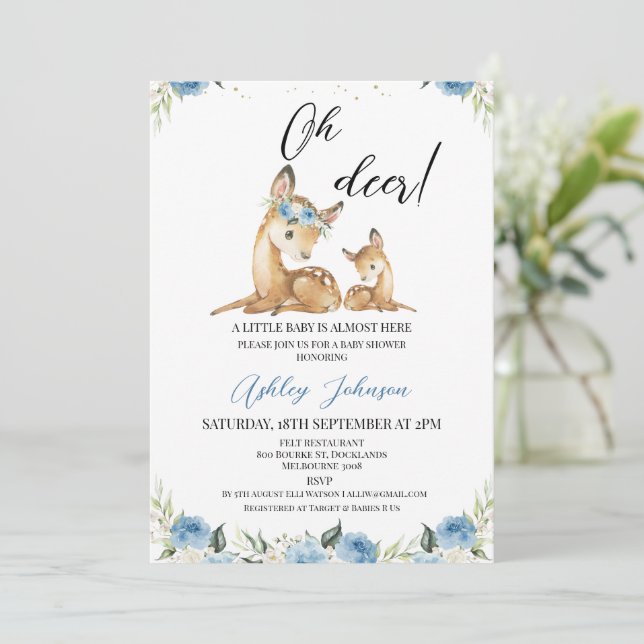 Boys Blue Floral Oh Deer Baby Shower  Invitation (Standing Front)