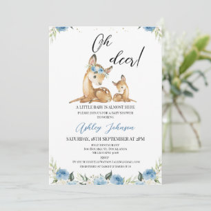 Boys Blue Floral Oh Deer Baby Shower Invitation