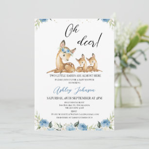 Boys Blue Floral Oh Deer Twins Baby Shower Invitation