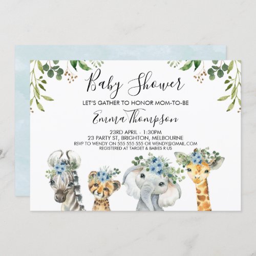 Boys Blue Floral Safari Animals Baby Shower Invitation