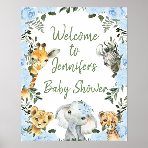 Boys Blue Floral Safari Baby Shower Welcome Poster